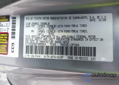 2021 Toyota Tacoma Sr из США, поврежденный, VIN 3TYSX5EN6MT005569